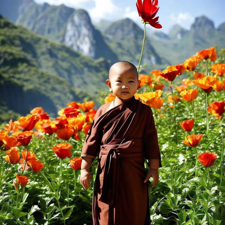 Young monk surrounded by vibrant poppies and mountains with red flower