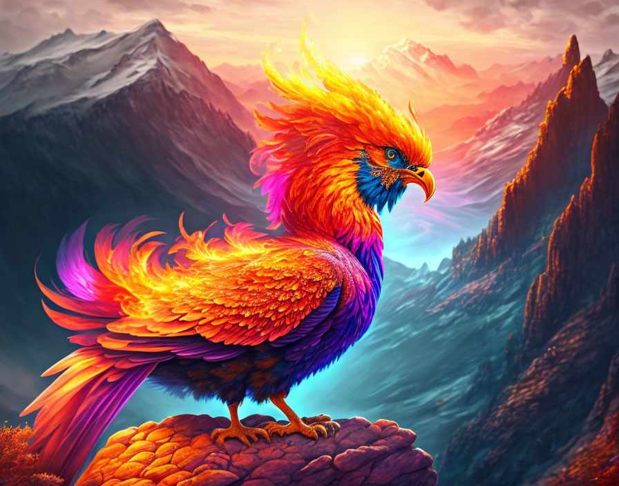 Mythical Phoenix with Fiery Plumage in Mountainous Landscape