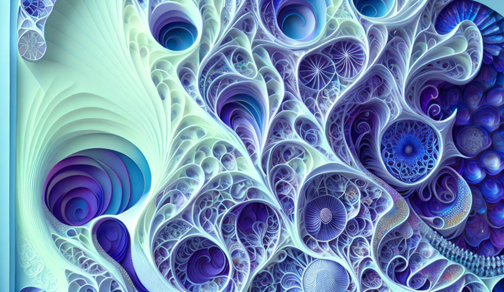 Intricate blue and purple digital fractal art with swirls and spirals