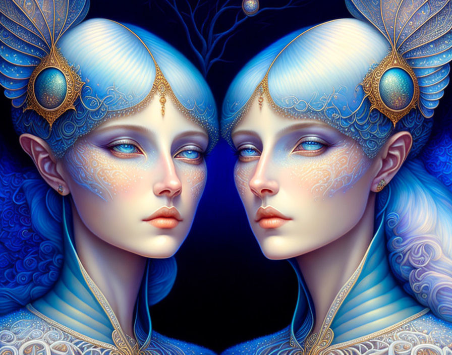 Symmetrical fantasy beings with blue skin and golden headdresses in mystical setting