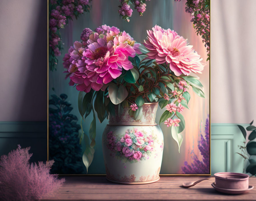 Pink flowers in a vase against a serene floral backdrop