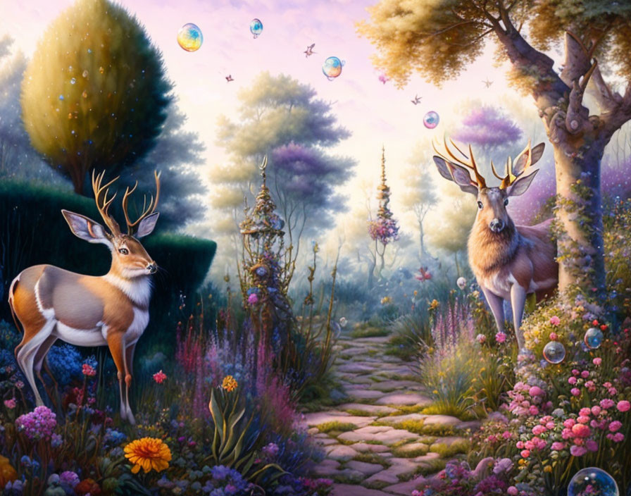 Enchanting forest scene: deer, cobblestone path, flowers, bubbles, lush vegetation at