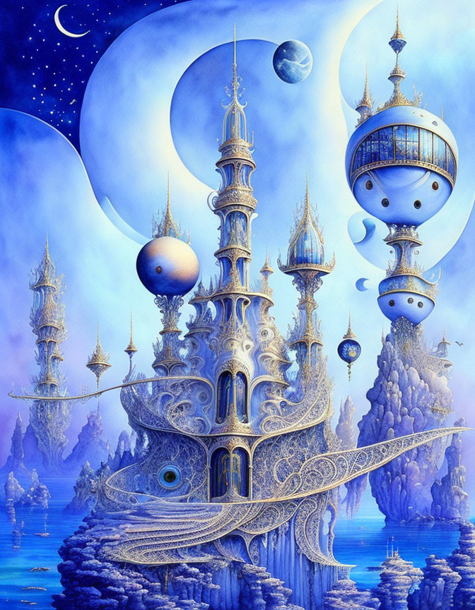 Celestial castle painting with floating orbs and crescent moon.