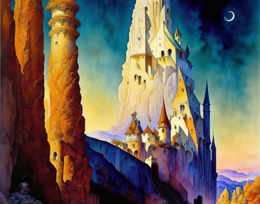 Majestic castle with towering spires on rocky crags under crescent moon