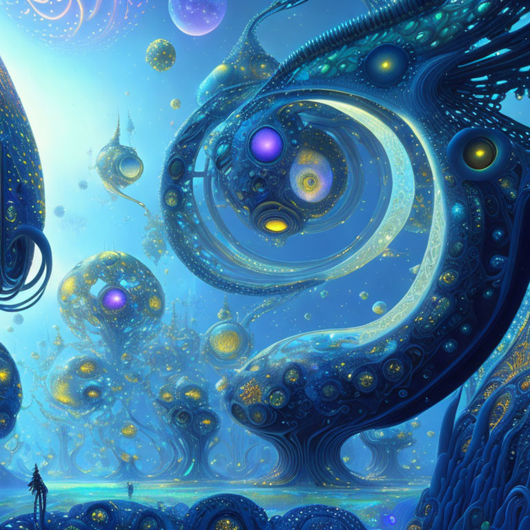 Surreal blue landscape with swirling patterns and floating orbs