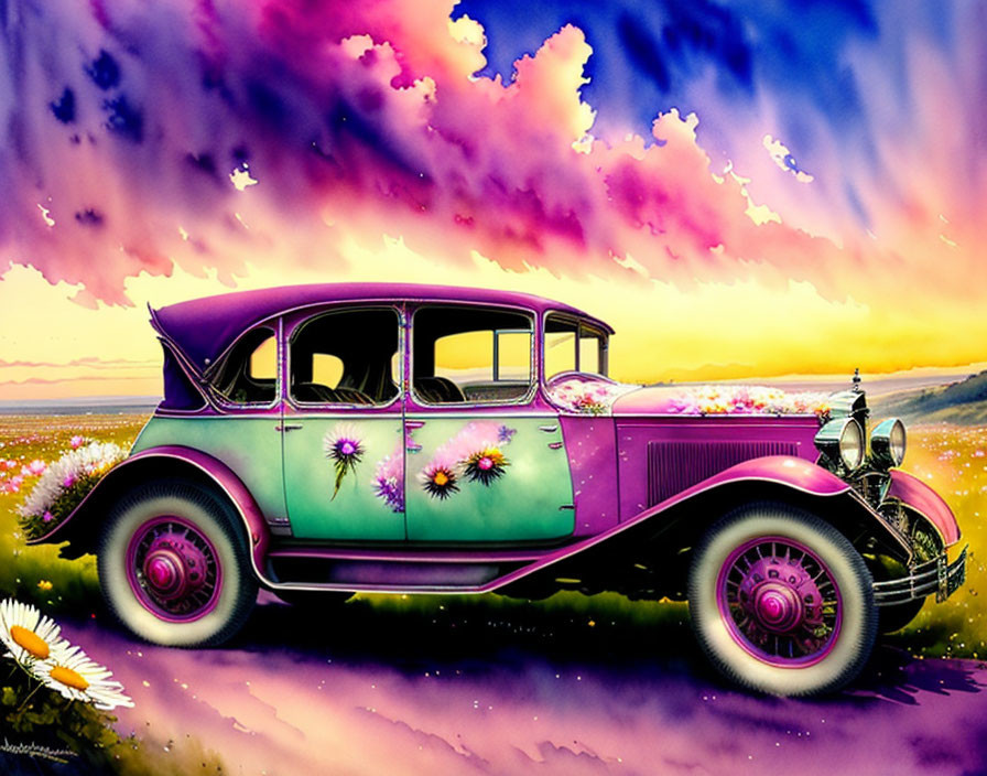 Vintage car with floral patterns in vibrant flower field at sunset