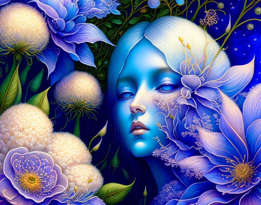 Blue-skinned woman surrounded by intricate flowers under starry sky