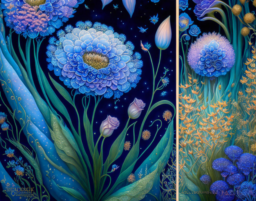 Blue Flowers Painting on Dark Starry Background