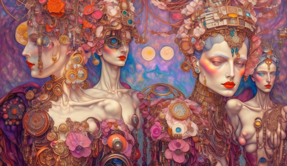 Four female figures with ornate headdresses in surreal artwork