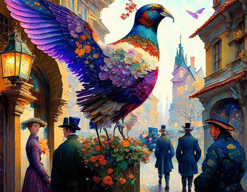 Vibrant oversized bird in vintage city scene with elegant pedestrians.