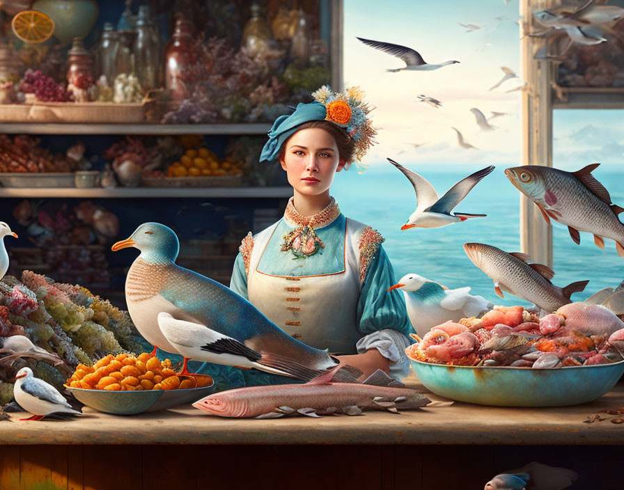 Vintage-dressed woman at seafood market stall with seagulls by the ocean