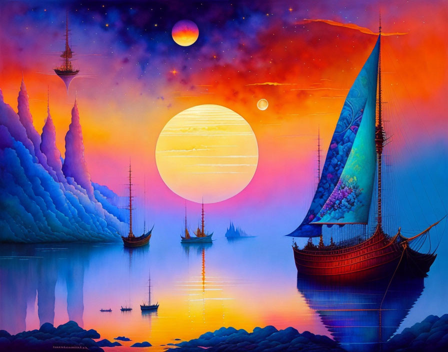 Fantastical painting of ships on serene sea under stunning sunset