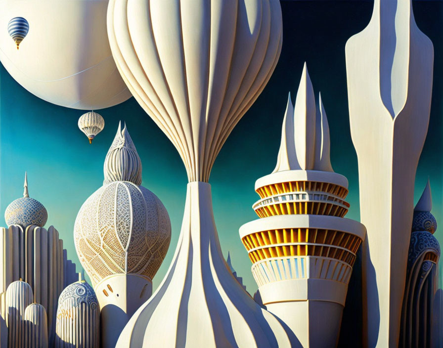 Whimsical surreal landscape with towers, spires, and orbs