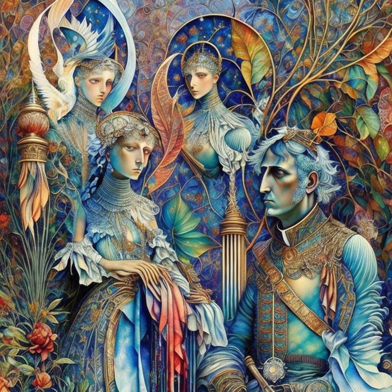 Four individuals in ornate, fantastical costumes against lush foliage in blues, golds, and greens