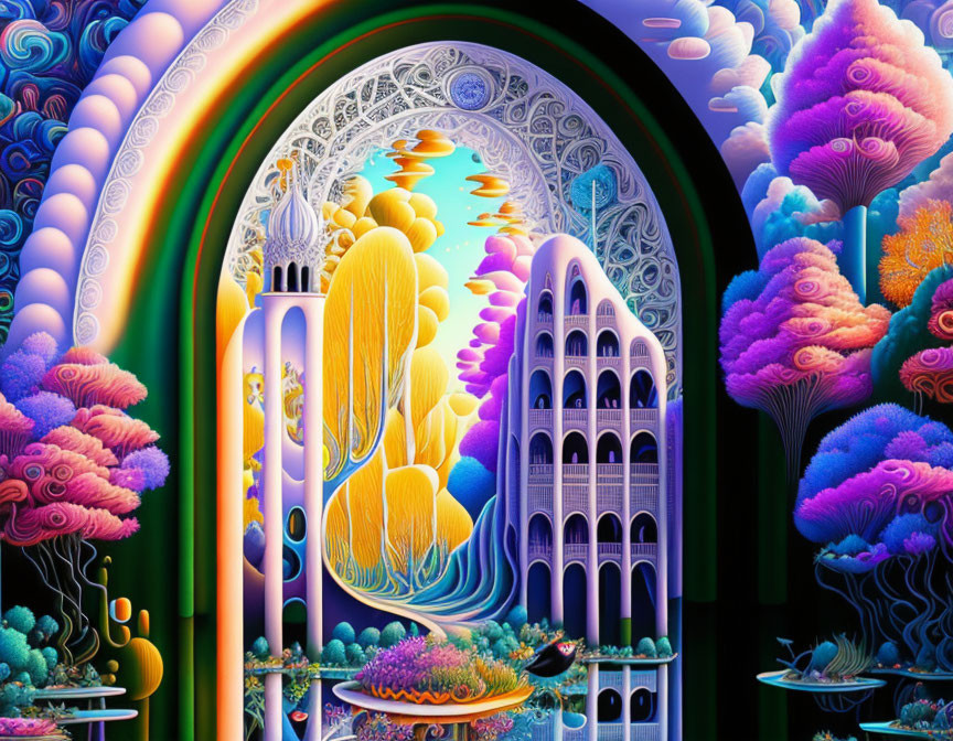 Colorful Psychedelic Artwork with Architectural and Tree Motifs