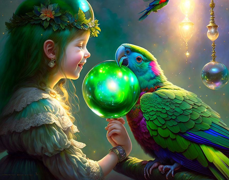 Smiling girl with leaf crown and parrot in magical lantern-lit scene