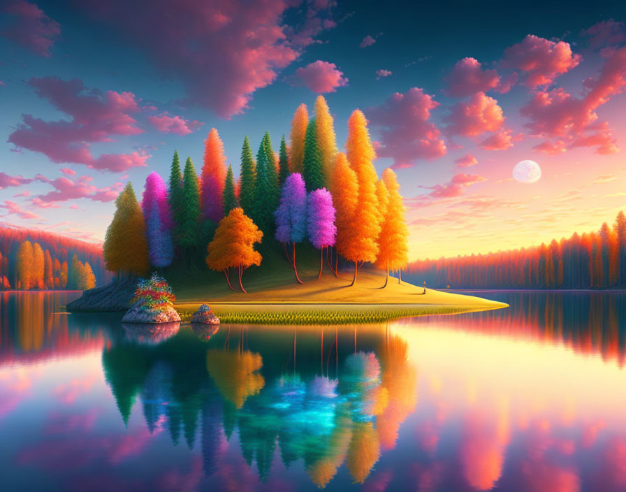 Colorful Island Sunset with Trees Reflected in Water