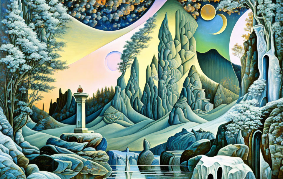 Surreal landscape with mountains, water, blooming trees, celestial bodies, and classical column in