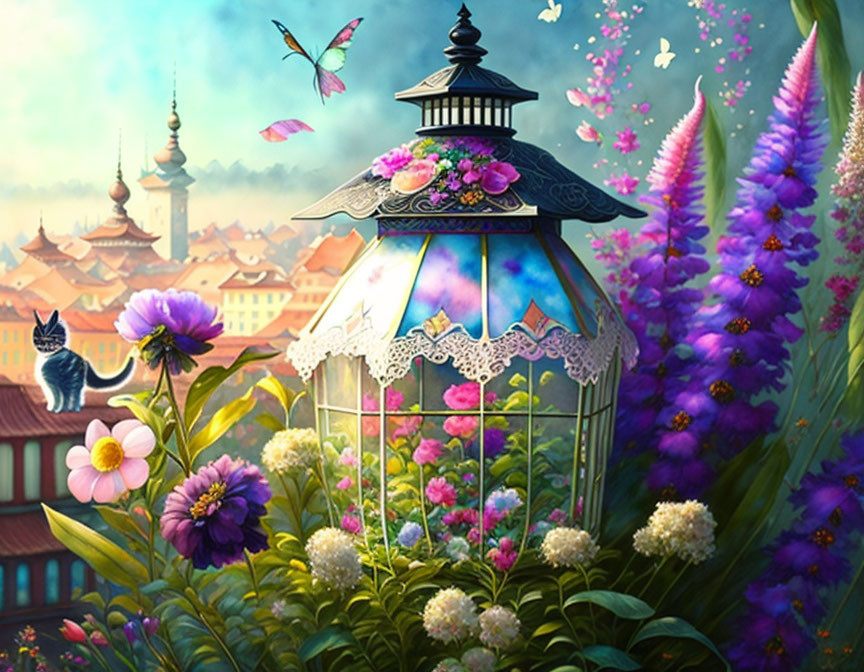 Ornate lantern, vibrant flowers, butterflies, town view, serene sky, observing cat