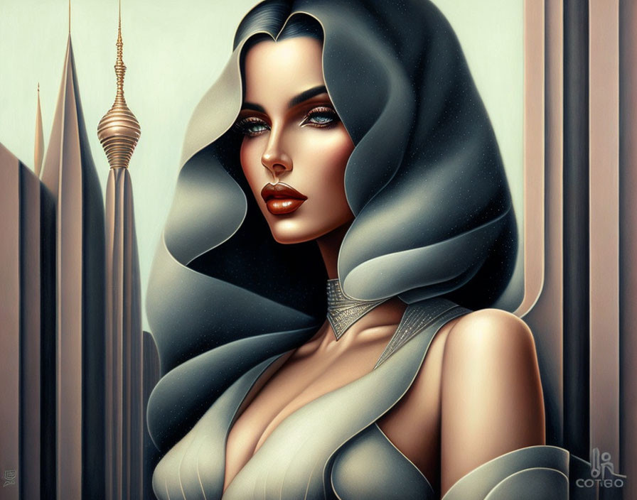 Illustrated woman with flowing hair in front of futuristic cityscape