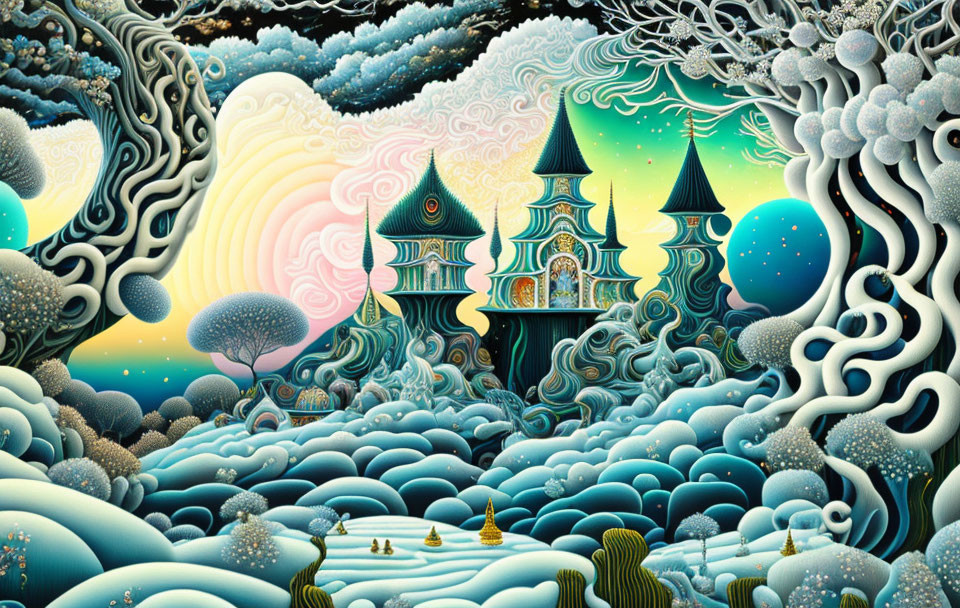 Whimsical castle in vibrant fantasy landscape