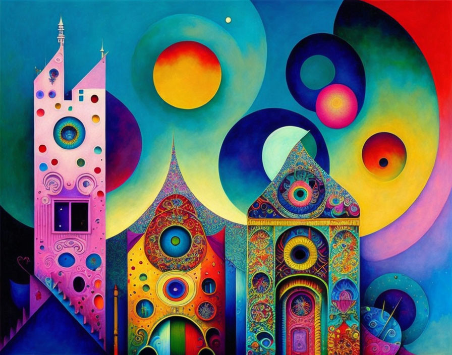 Colorful Abstract Painting: Whimsical Buildings and Celestial Orbs in Vibrant Sky