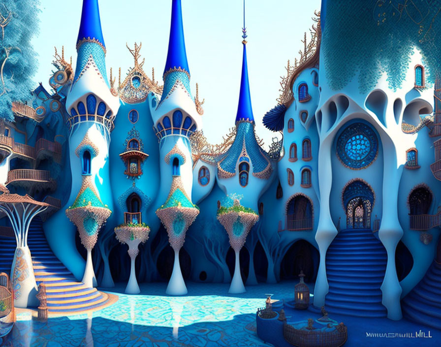 Whimsical Blue Fairy-Tale Castle with Ornate Towers