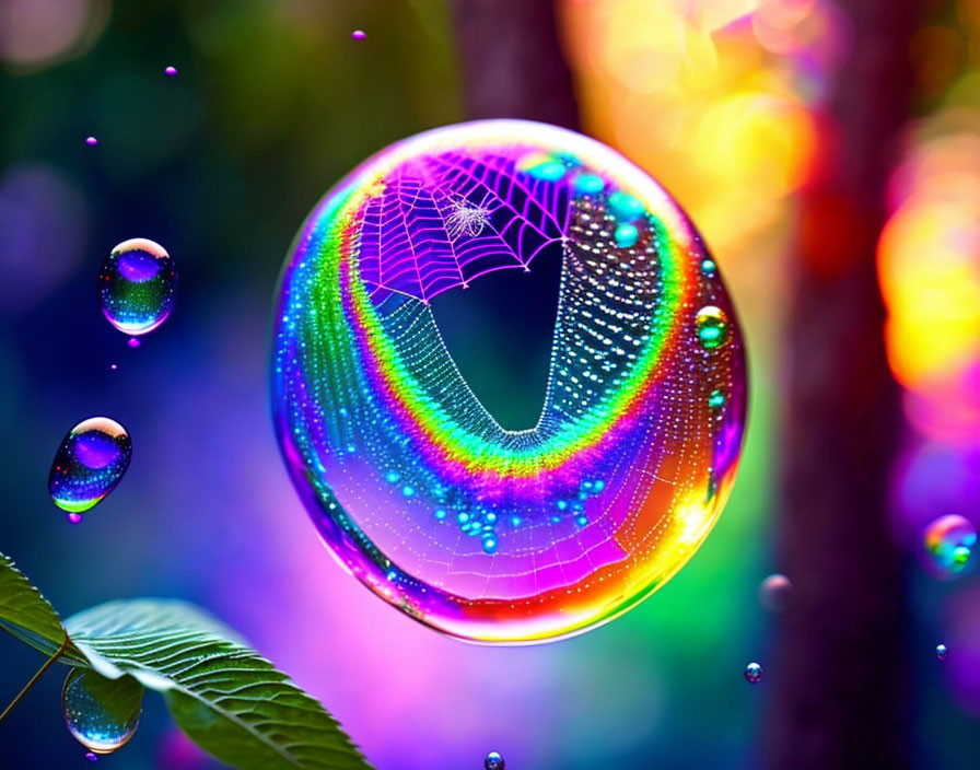 Colorful soap bubble with spiderweb amidst smaller bubbles in nature.