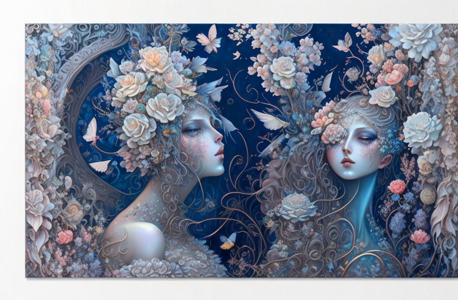 Ethereal painting of serene female figures with floral headpieces