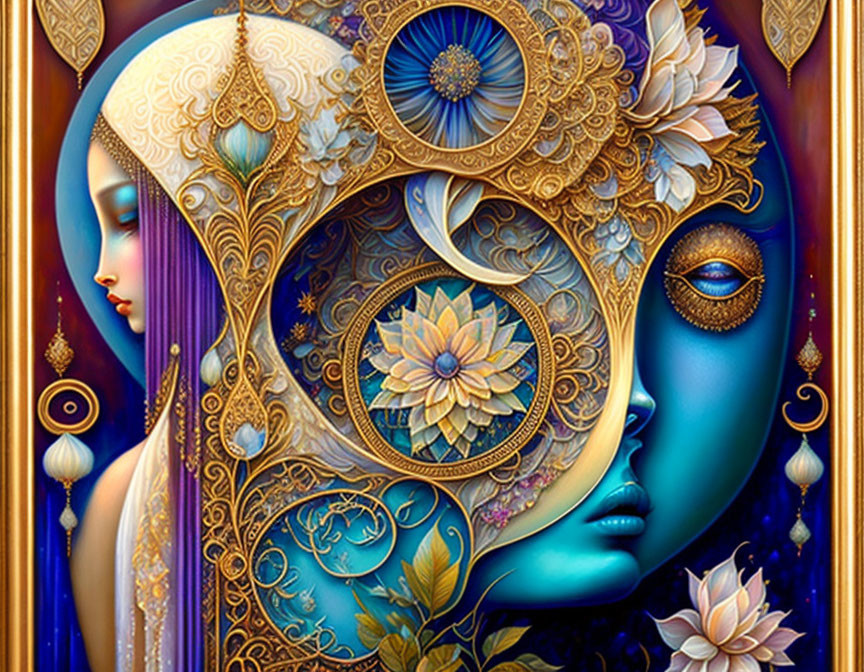 Colorful artwork: Woman's face with gold and blue floral patterns