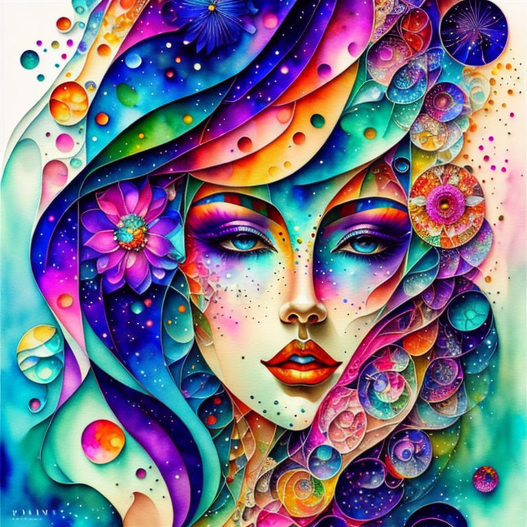 Colorful Artwork of Woman's Face with Cosmic and Floral Patterns