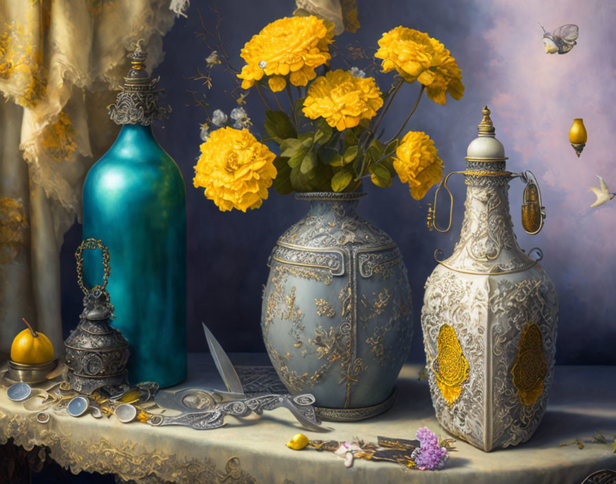 Yellow flowers, blue vase, white jar, jewelry, quill, butterflies in still-life painting