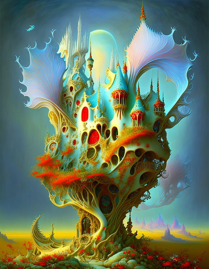 Fantastical tree with castle-like structures in mystical blue landscape