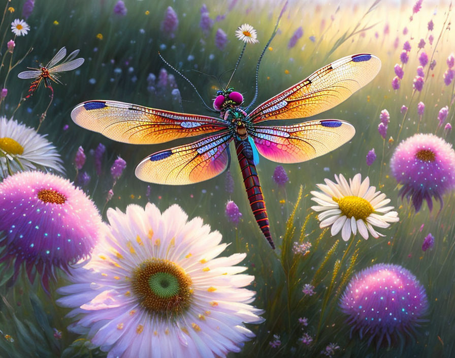 Colorful Dragonfly Resting on White Daisy in Mystical Purple Flower Field