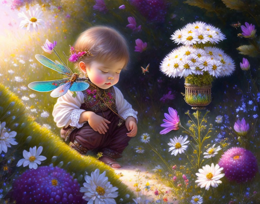 Child with dragonfly among flowers in sunlit garden