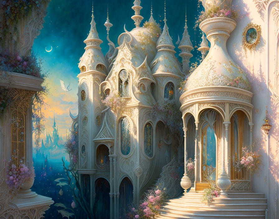 Fantastical palace with intricate architecture and blooming flowers under starry sky