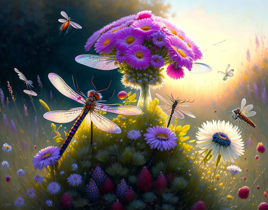 Dragonflies Hovering Over Pink and White Daisies in Sunlit Field