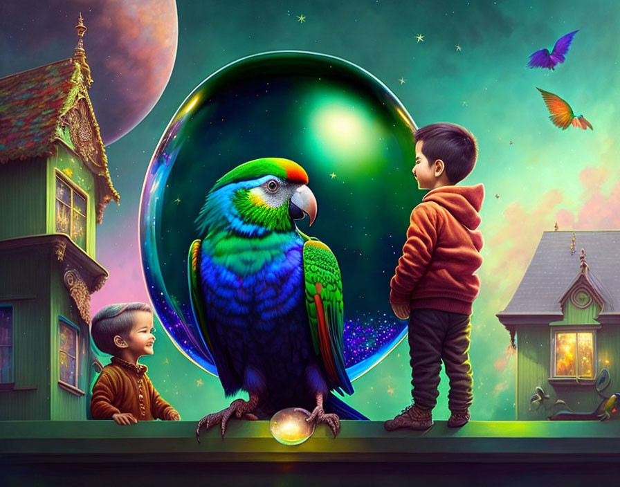 Vividly colored parrot in surreal starlit landscape