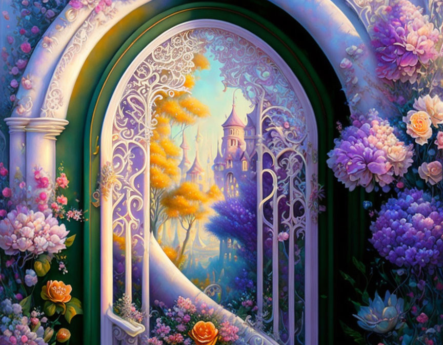 Ornate archway with flowers framing whimsical castle and autumn trees under purple sky