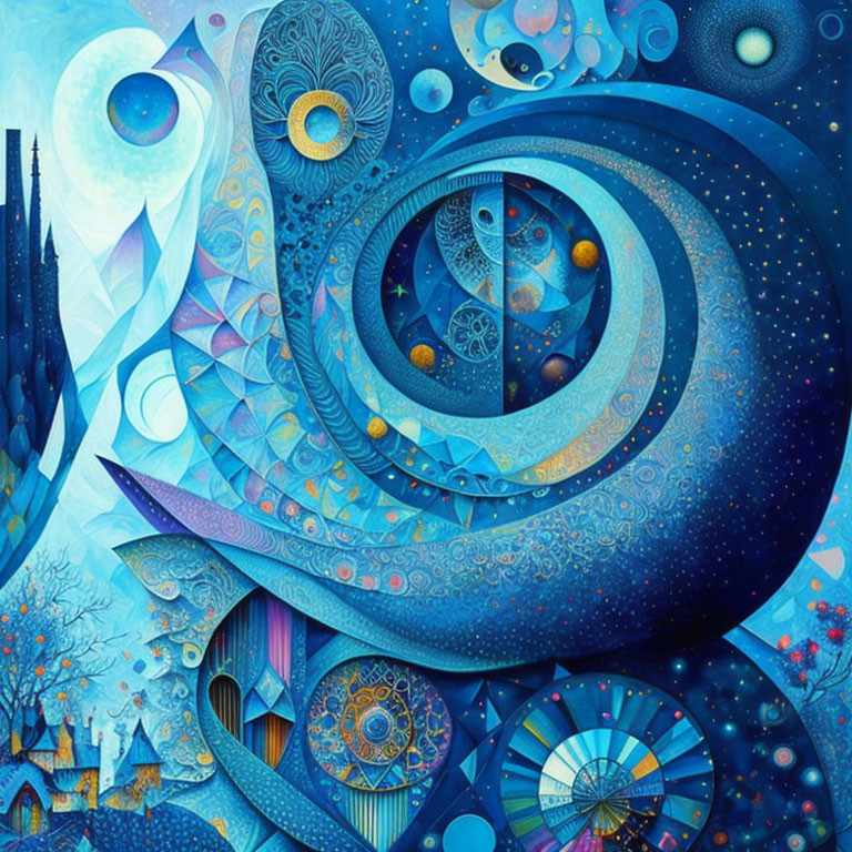 Abstract Blue-Toned Illustration with Celestial Motifs and Cosmic Background