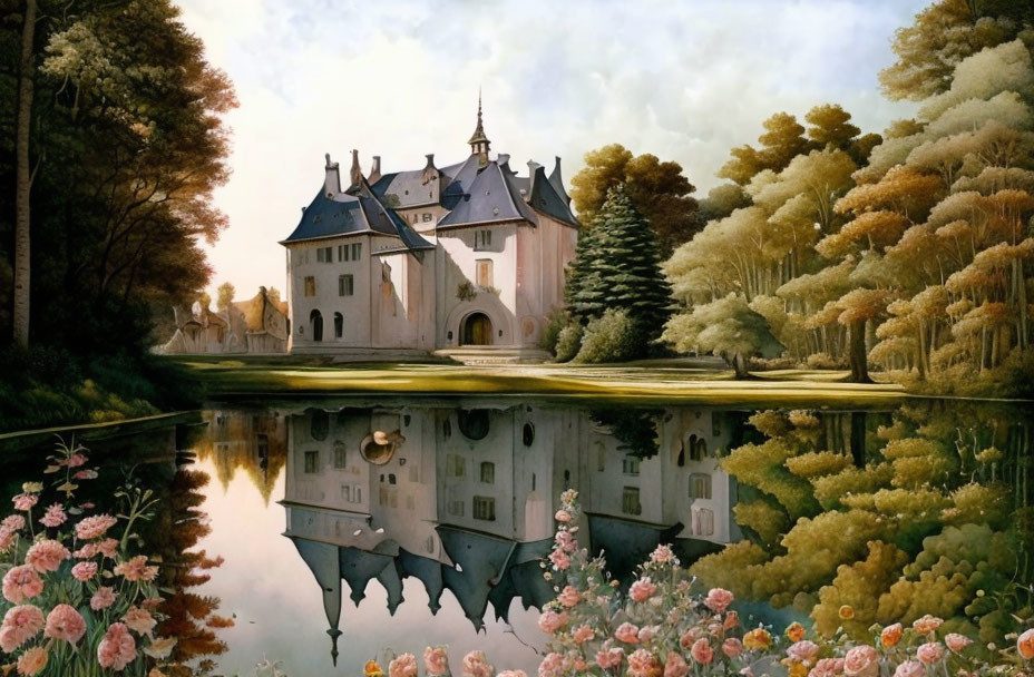 Fairytale castle reflected in calm lake among lush nature