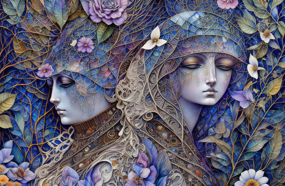 Intricate artwork of serene faces with blue leaves and purple flowers