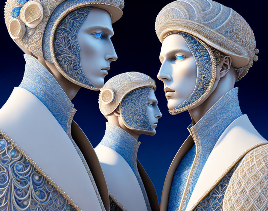 Ethereal humanoid figures in blue and white with ornate headpieces