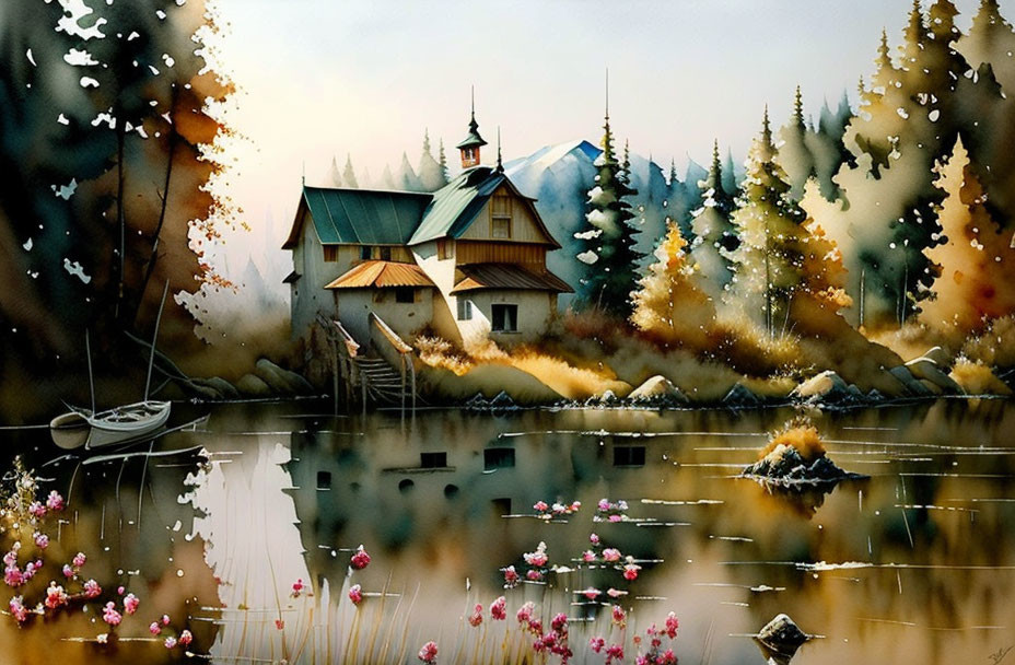 Tranquil watercolor landscape with cabin, lake, boats, autumn trees, flowers, and mountains