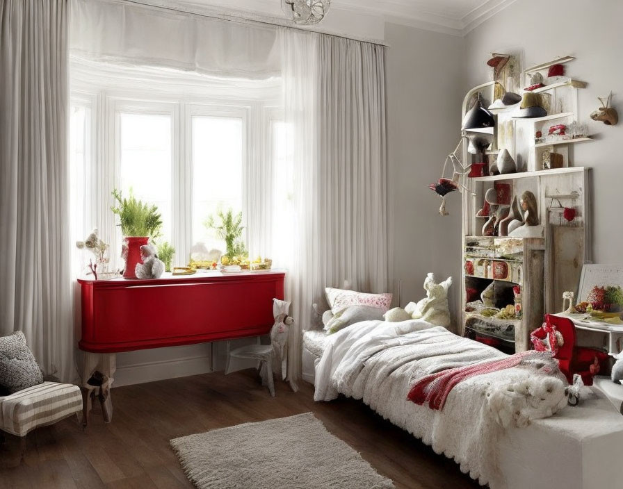 Cozy Bedroom with Red Console Table, White Bed, Stuffed Animals, Shelf, and Large Window