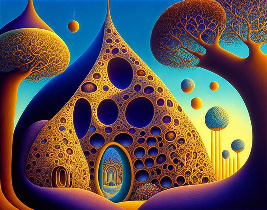 Surreal landscape with organic structures and circular patterns