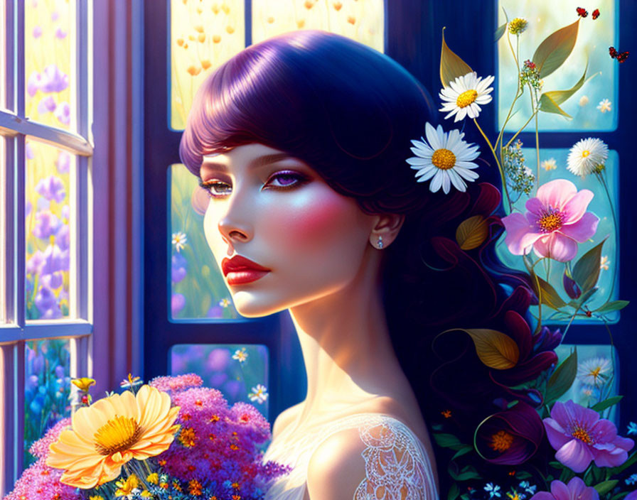 Digital painting: Woman with purple hair and vibrant flowers by colorful window