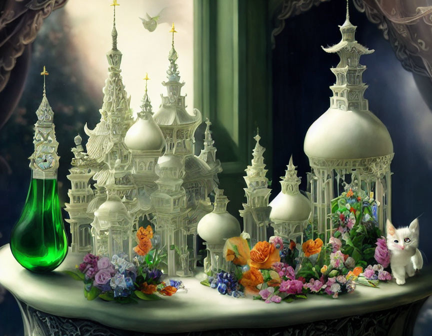 Miniature cityscape with onion-domed towers, green bottle, flowers, and white kitten.