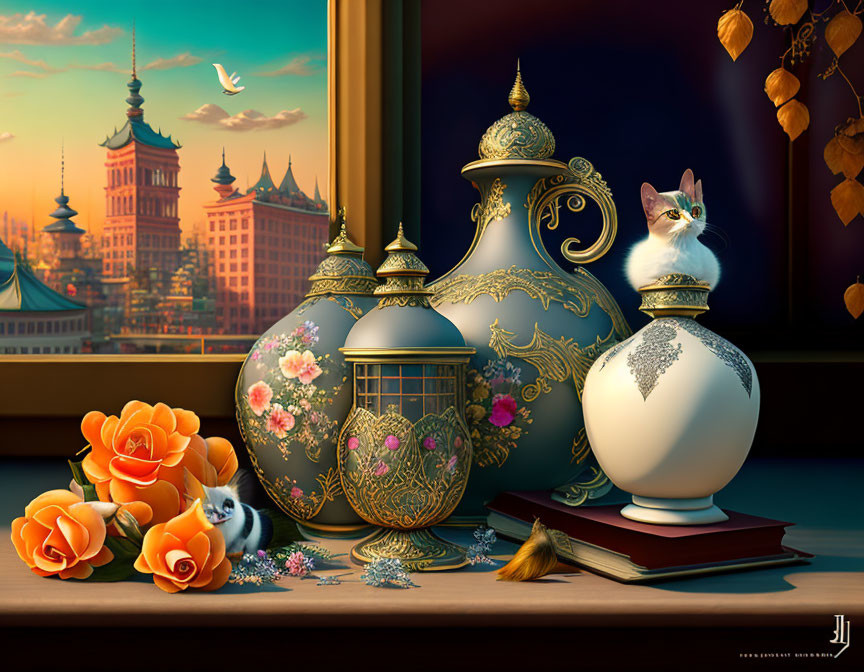 Detailed Still Life with Vases, Cat, Cityscape, Sunset, Flowers, and Book