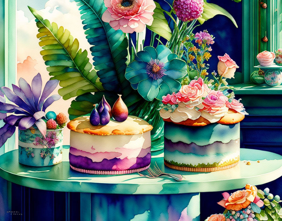 Vibrant illustration of layered cakes with fruits and flowers on blue table